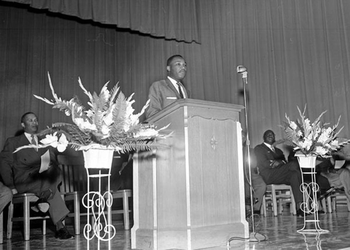 The Rev. Martin Luther King Jr., addresses the student body at Hillside High School in this Oct. 15, 1956 file photo.