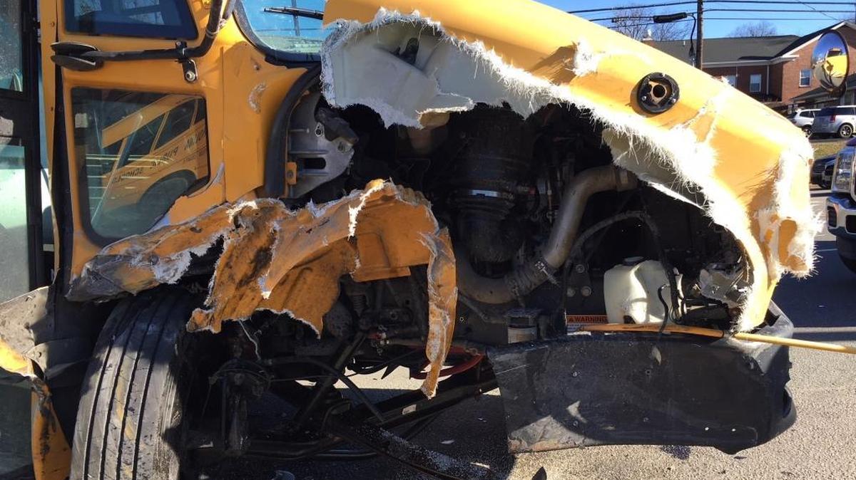 The front of a Person County School District school bus after a head on collision occured Monday afternoon.