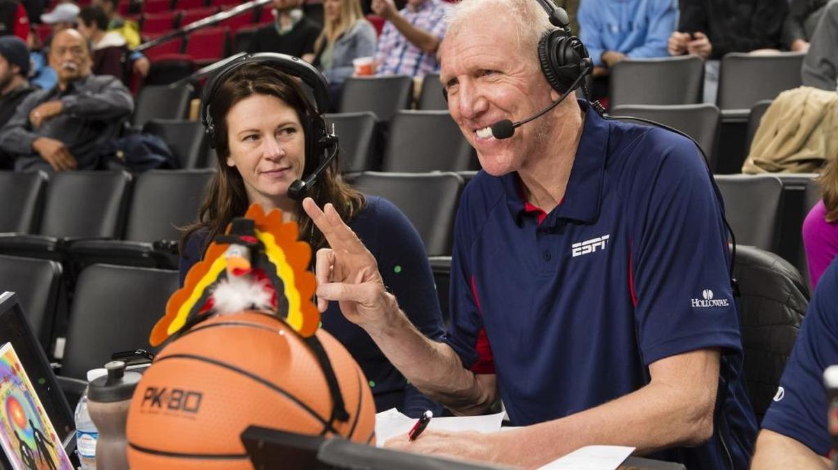 Bill Walton, right, ESPN sports broadcaster, works an NCAA college basketbll game between Portland and North Carolina at the Phil Knight Invitational tournament in Portland, Ore., Thursday, Nov. 23, 2017.