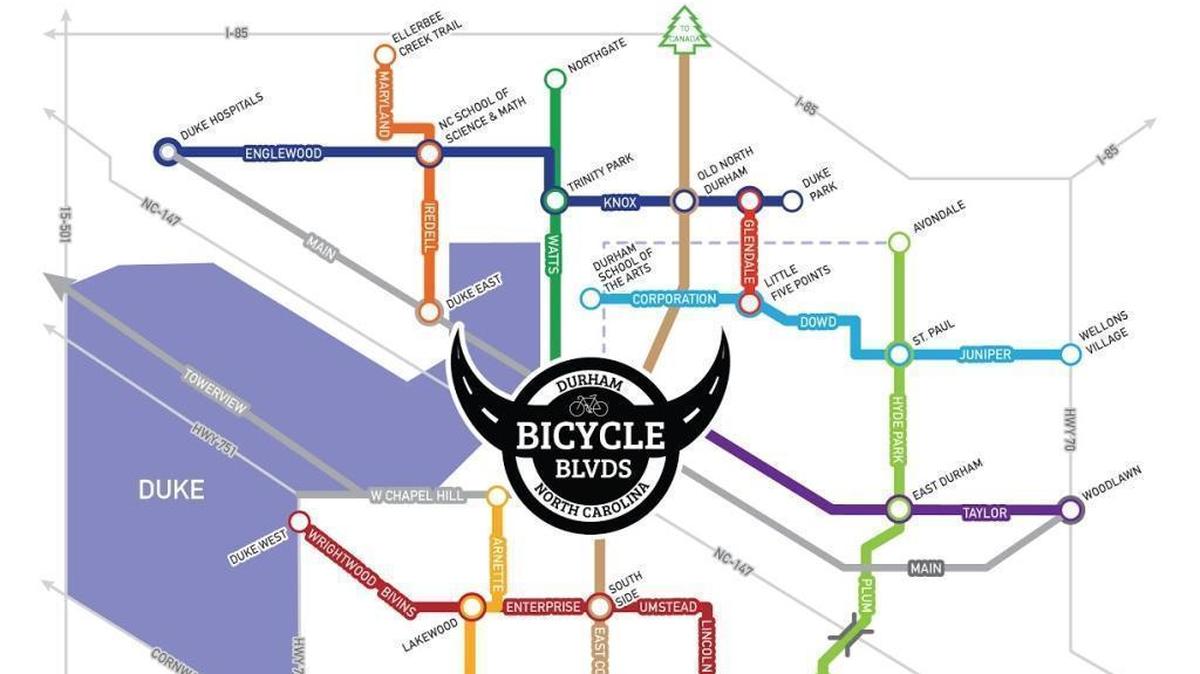 A proposed network of bike boulevards designed by the advocacy group Durham Bike Boulevards.