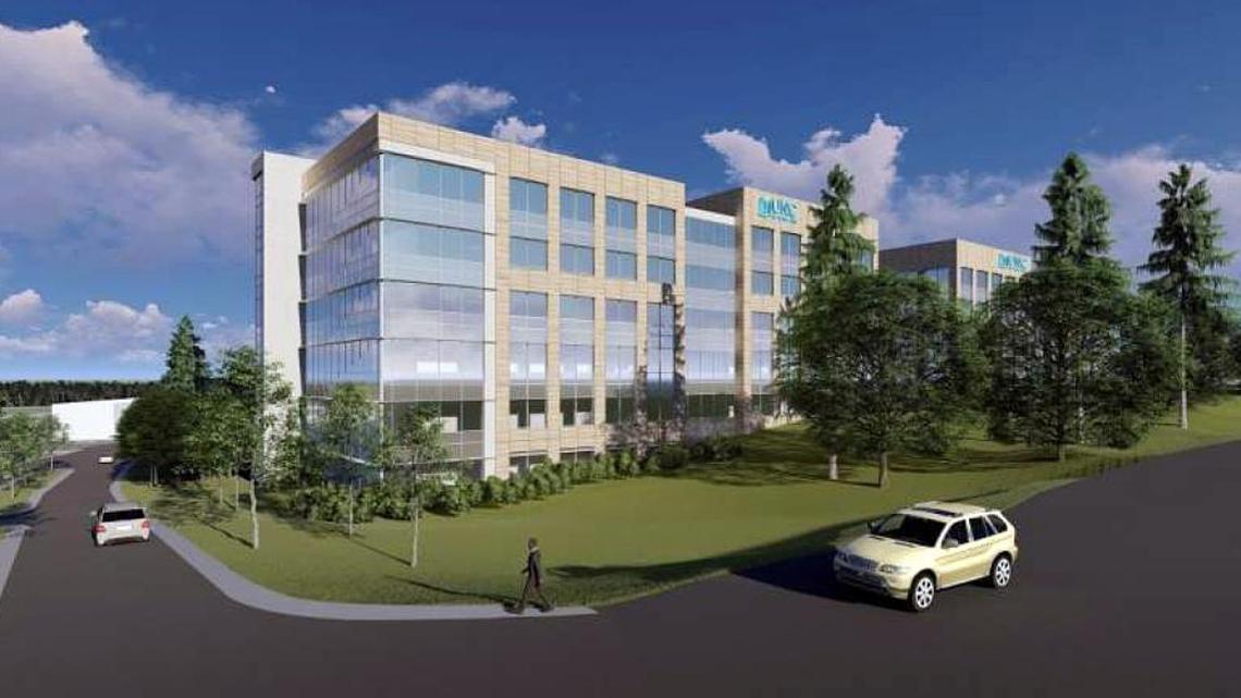 An architect’s rendering shows how the proposed UNC Health Care office park redevelopment could look to a passerby at the corner of Eastowne Drive and U.S. 15-501 in Chapel Hill.