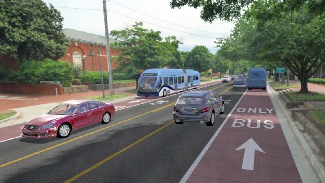 A bus rapid transit line could travel in dedicated right-hand lanes through the narrower streets in downtown Chapel Hill.
