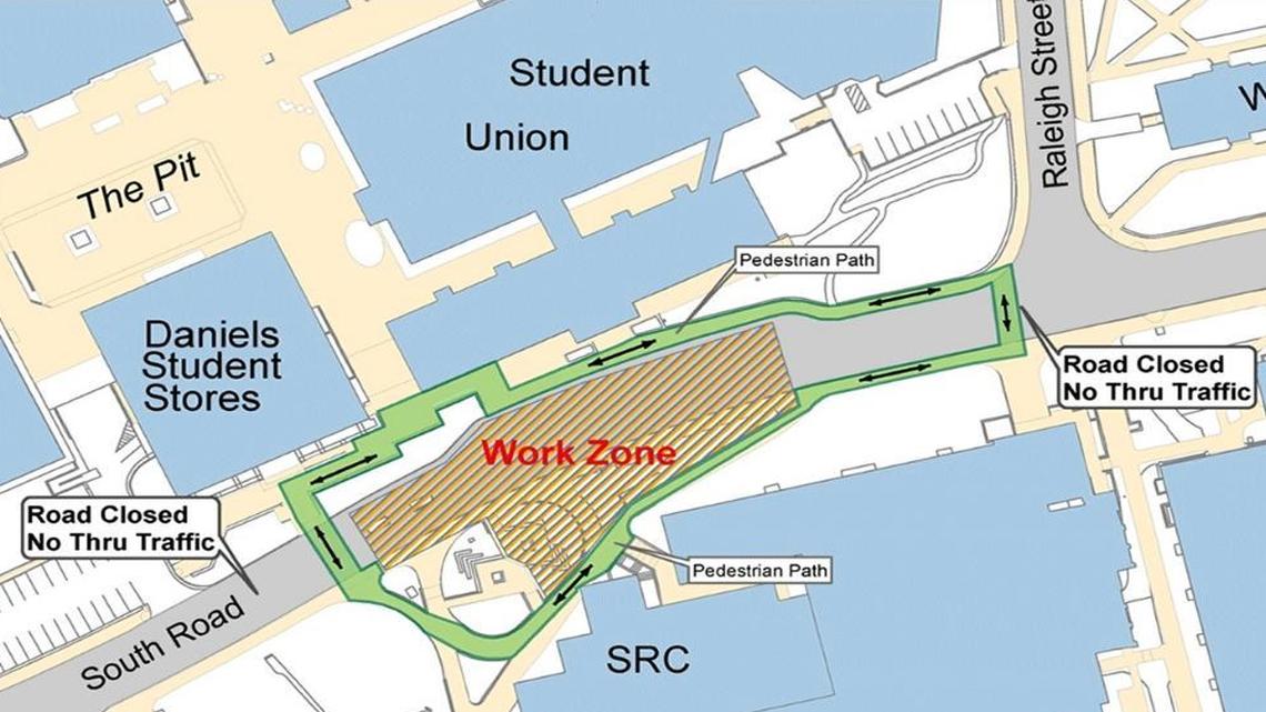 Road work closing South Road on UNC campus through the summer