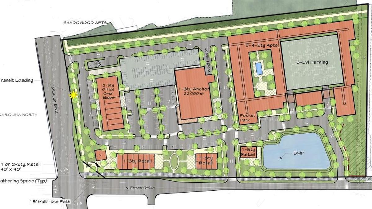 Developer Caliber Partners has proposed a 14.7-acre mix of retail stores, offices, restaurants and apartments for the wooded, northeastern corner of Estes Drive and Martin Luther King Jr. Boulevard