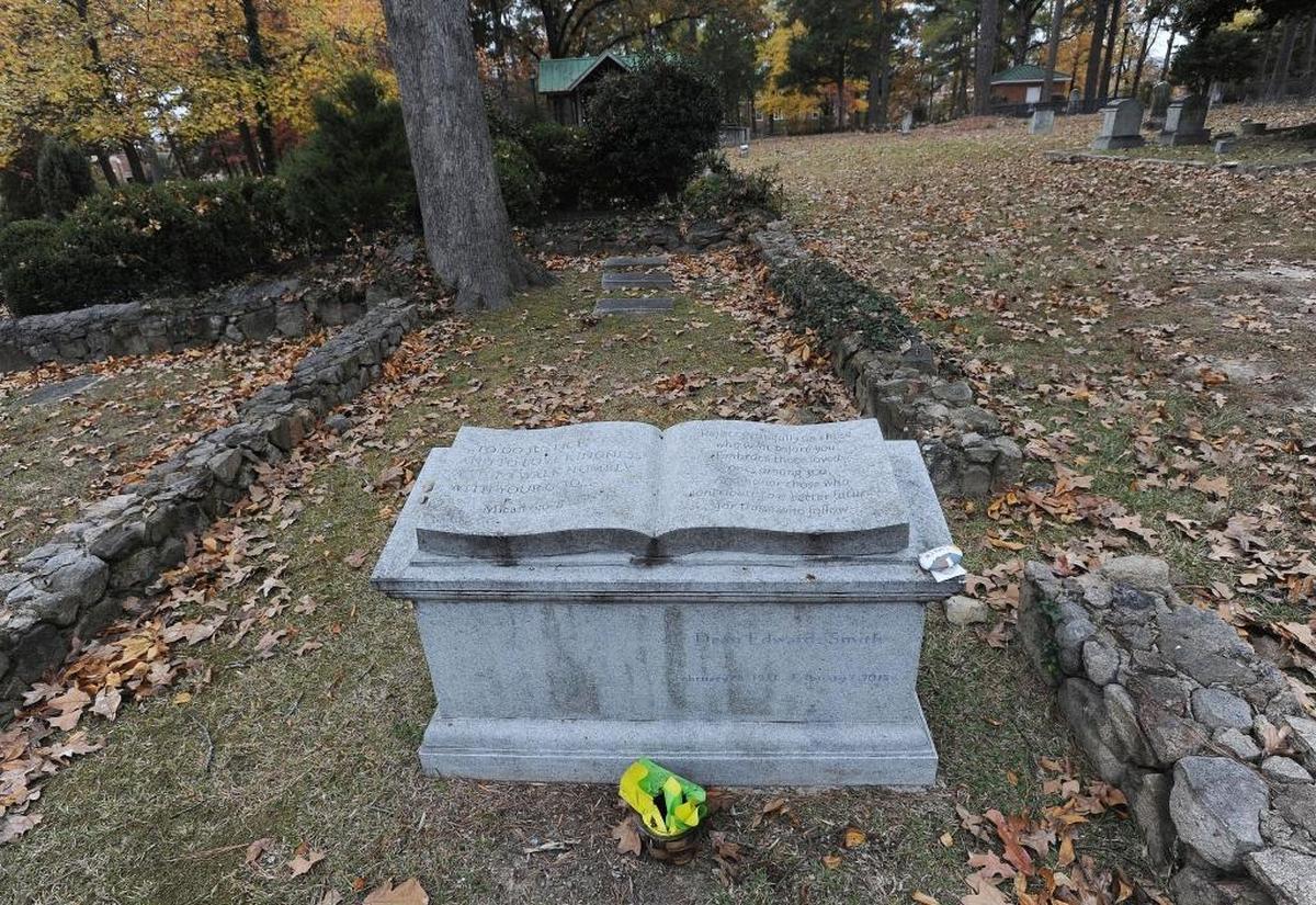 The headstone of the legendary North Carolina basketball coach Dean Smith in the Old Chapel Hill Cemetery.