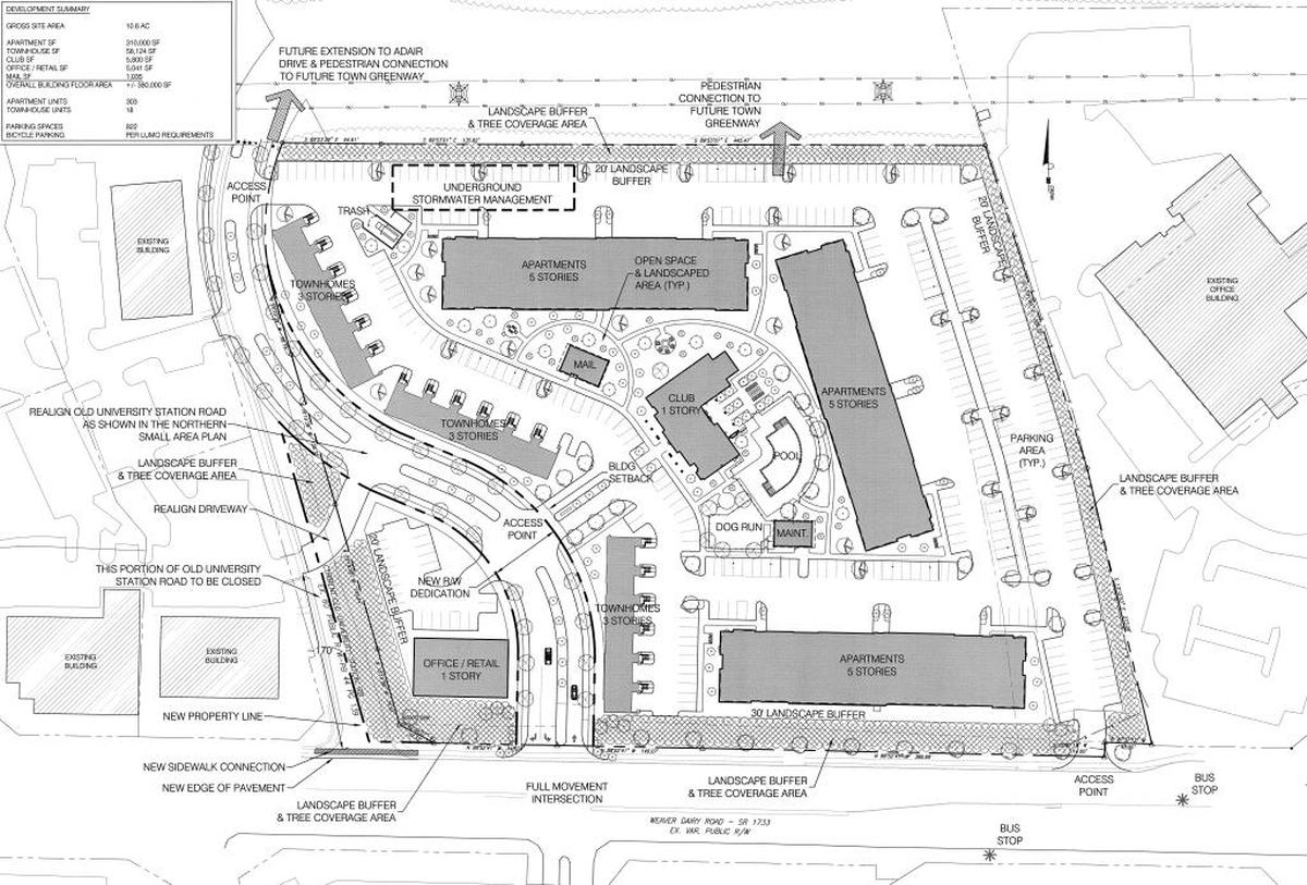 A proposed site plan for Hanover Chapel Hill shows three five-story apartment buildings around the right side of the property, three three-story townhomes winding along a new road on the left, and a retail and office building at the bottom left corner. Weaver Dairy Road and the Timberlyne Shopping Center lie just to the south.