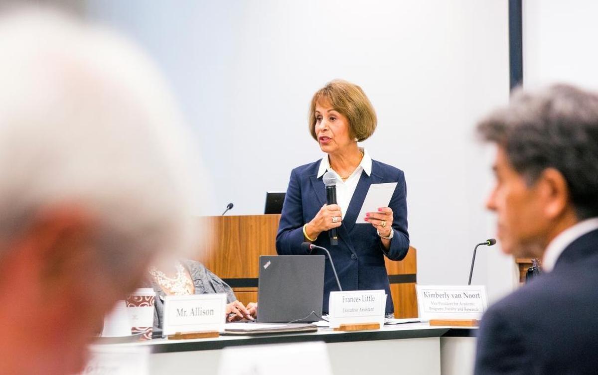 Chancellor Carol Folt delivers remarks to the a UNC Board of Governors committee about their proposal to ban the UNC Center for Civil Rights from litigating, at the UNC Center for School Leadership Development on Tuesday, Aug. 1, 2017, in Chapel Hill, NC. The committee voted for the measure to move forward to be discussed by the full Board of Governors in September.