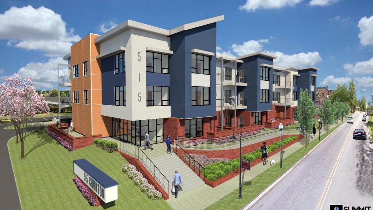 The approved concept plan for 515 Churton features a mix of traditional brick, a vertical tan accent, and alternating white and bright blue siding. The varying levels along the roofline are meant to reduce the effect of a three-story building on nearby single-family homes in Hillsborough’s historic district.