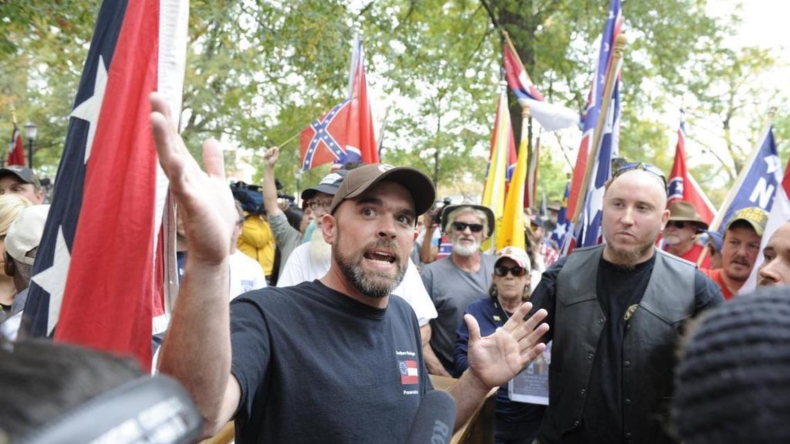 Gary Williamson, founder of Alamance County Taking Back Alamance County, speaks during a 2015 rally in support of UNC’s Confederate monument Silent Sam in Chapel Hill. Williamson’s group now is considering four sites where they might raise Confederate battle flags in Orange County.