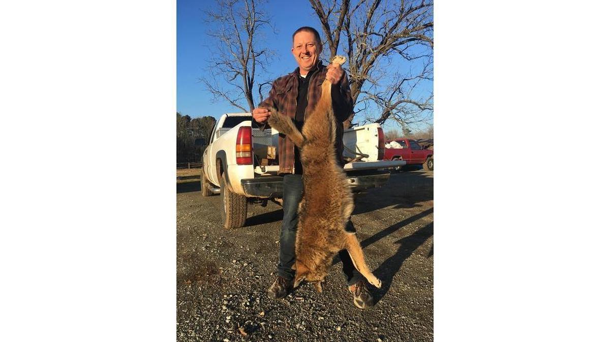 Ian Vigus holds the coyote he shot on his property in Orange County.