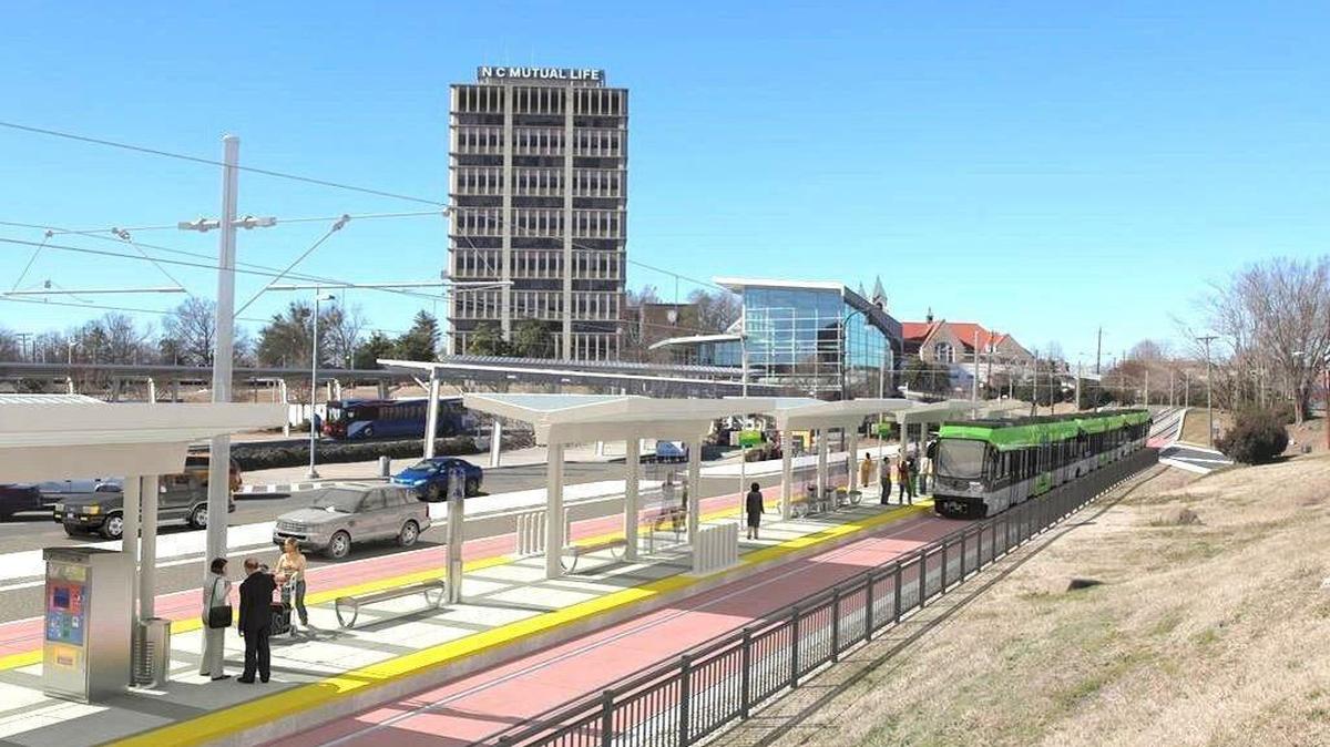 A concept illustration shows a train arriving at a future Durham-Orange Light-Rail Transit station in downtown Durham.