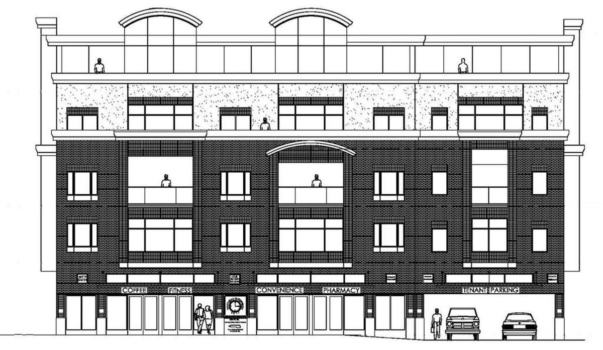 An architect’s drawing of the proposed concept plan for a five-story Rosemary East building at 157 E. Rosemary St. in Chapel Hill.