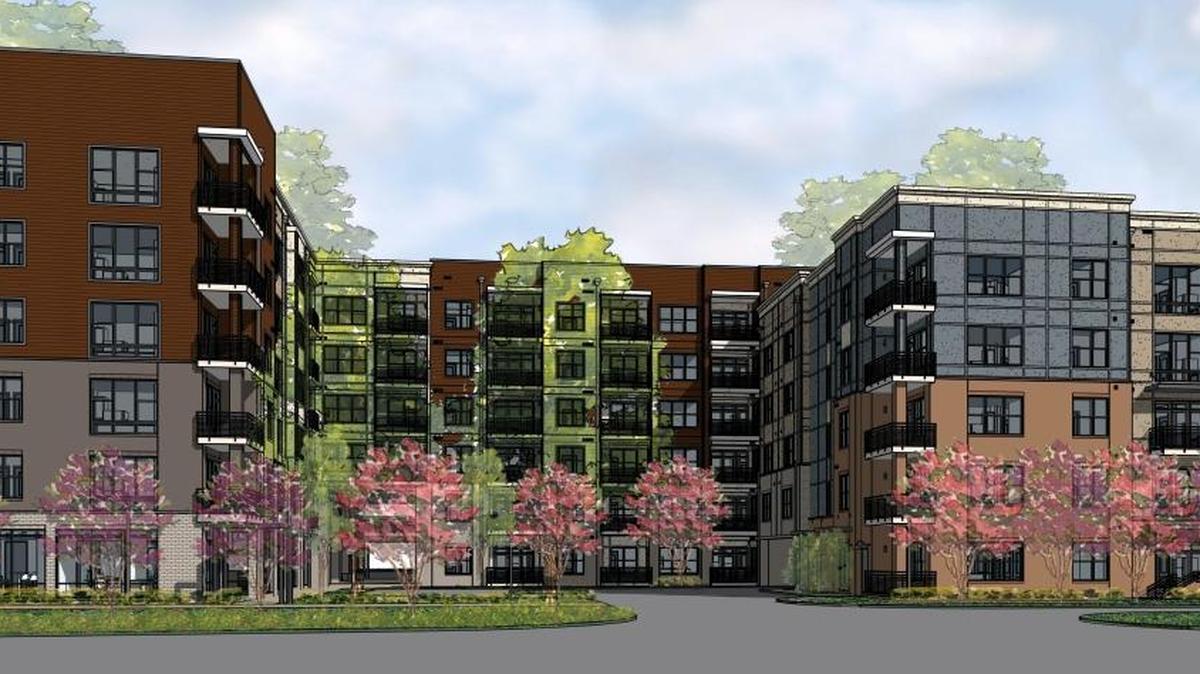 The Fordham Boulevard Apartments will be a single building split by a motor court and pedestrian pass-through (at left in background).