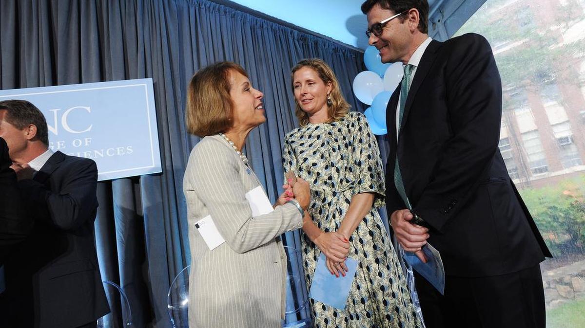 Chancellor Carol Folt (from left) talks to Dorothy Shuford Lanier and Stephen Shuford who have given an $18 million gift to UNC-Chapel Hill College of Arts & Sciences.