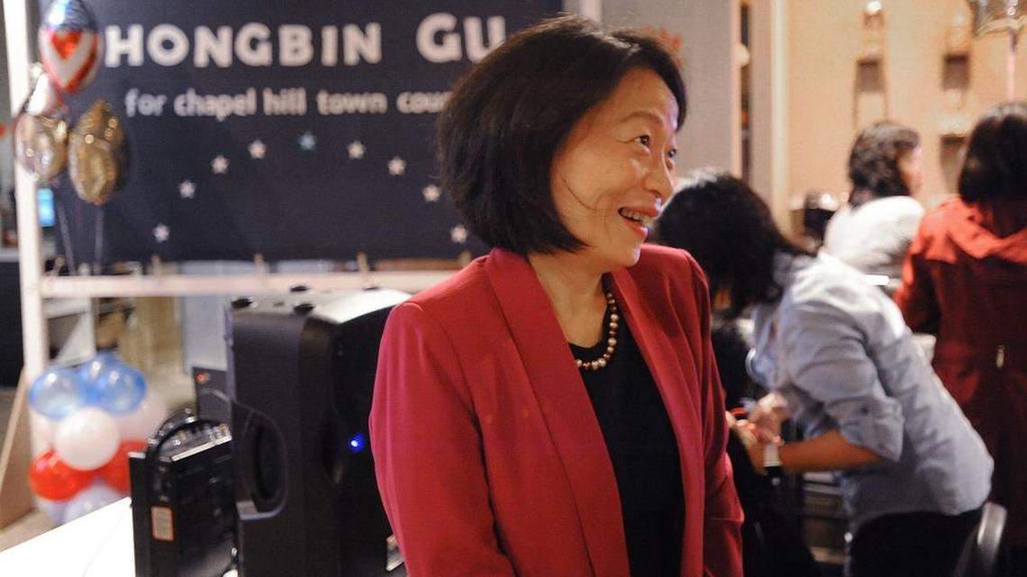 Candidate Hongbin Gu, who celebrated with her supporters Tuesday, Nov. 7, 2017, at the Red Lotus restaurant in Chapel Hill, will be the first Chinese-American member of the Chapel Hill Town Council.