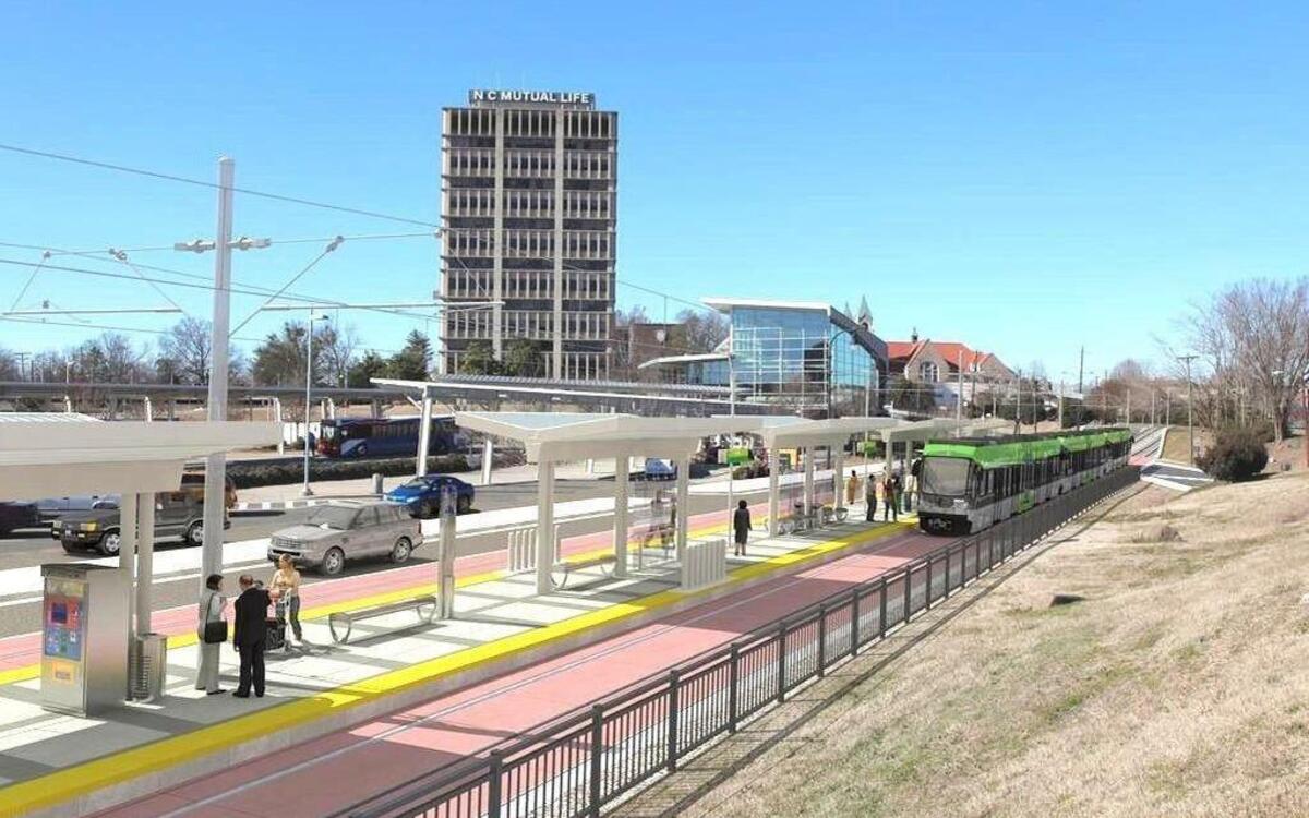 A concept illustration shows a train arriving at a future Durham-Orange Light-Rail Transit station in downtown Durham.