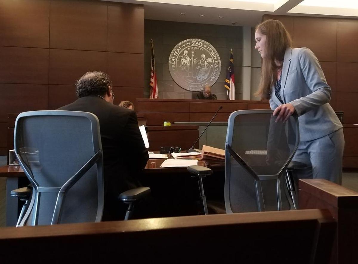 Assistant District Attorney Jim Dornfried, left, and defense attorney Allyn Sharp during a bond hearing for Ledarius Samuel before Durham County Superior Court Judge Orlando Hudson in January 2018.