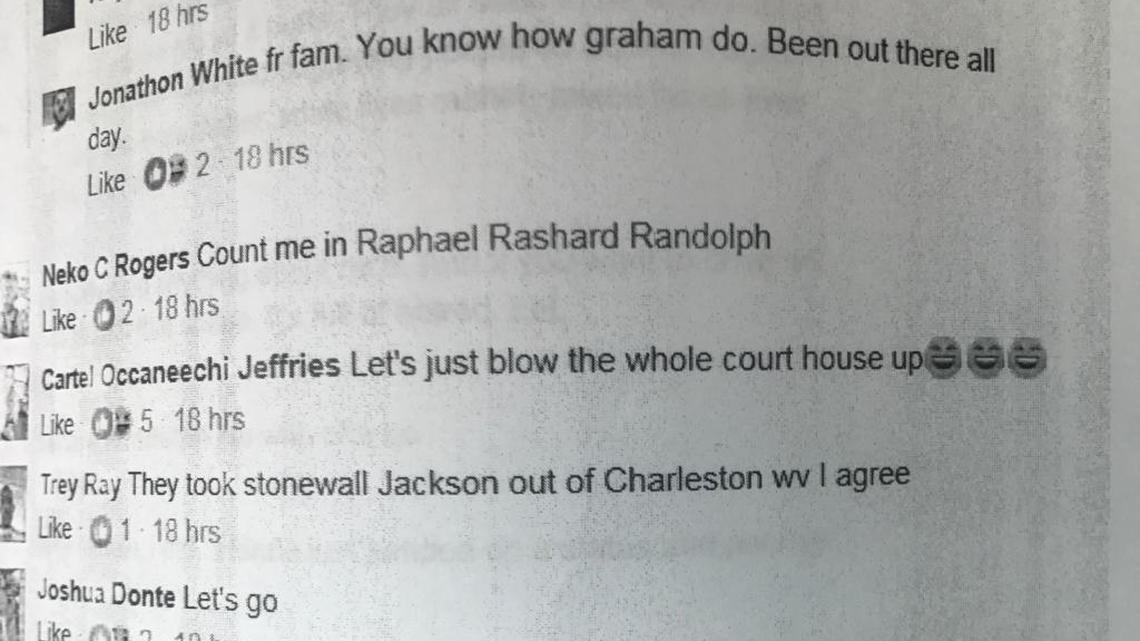 Thomas Lee Jeffries Jr. was charged with attempting to incite a riot after he allegedly posted “Let’s blow the whole courthouse up,” as a comment in a Facebook conversation that started with a post about pulling down a Confederate statue in Alamance County.