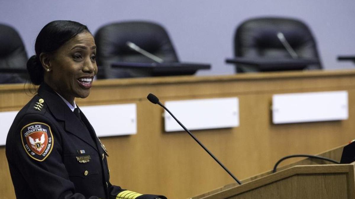 Police Chief Cerelyn "C.J." Davis speaks at the Durham Police Department Service Awards Ceremony on May 25, 2017, in Durham, NC.