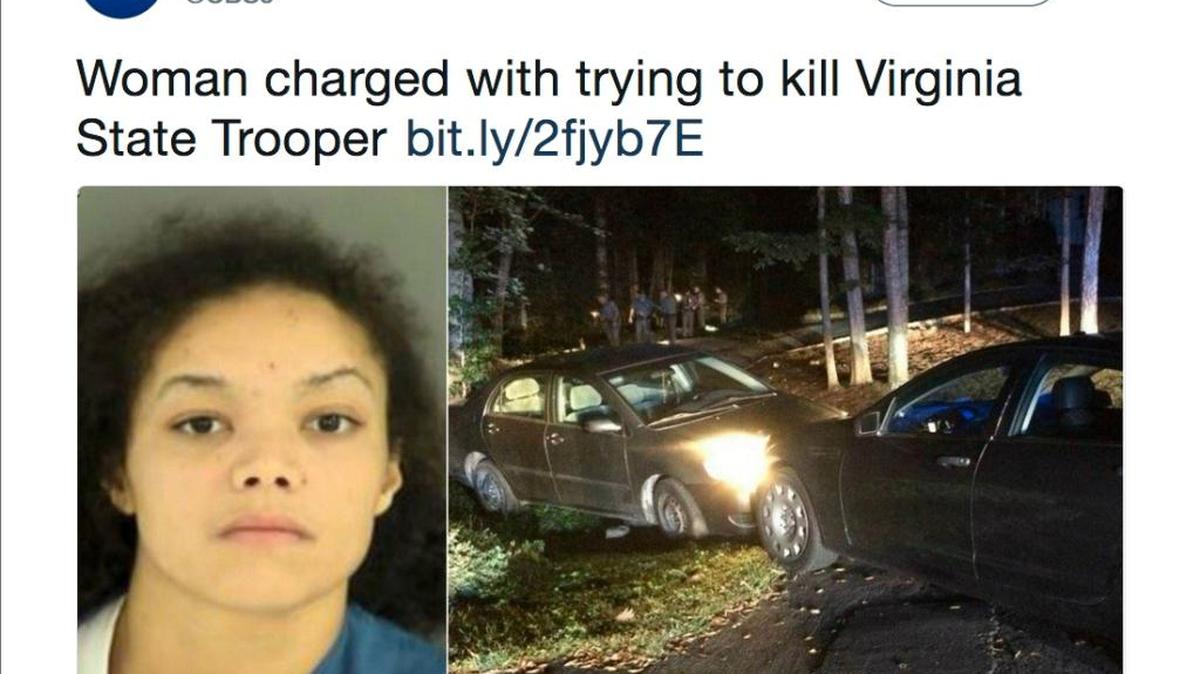 A screenshot of a tweet by WTVR in Richmond about a vehicle pursuit that led to a Virginia State Police trooper being shot.