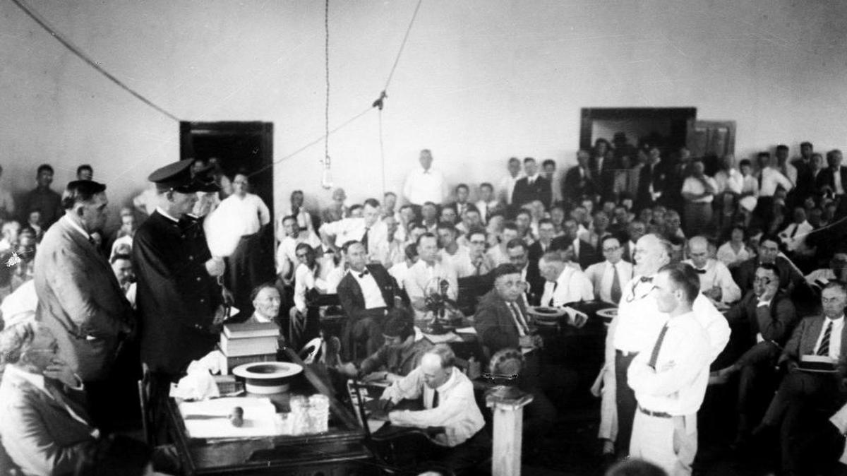 In this July 1925 photo, a packed courtroom is seen during the Scope's Monkey trial in Dayton, Tenn.