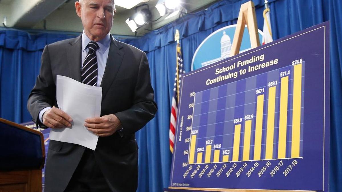 California Gov. Jerry Brown walks past a chart showing the the increase in education spending as he leaves a news conference where he released his $124 billion revised state budget plan Thursday, May 11, 2017,in Sacramento, Calif.