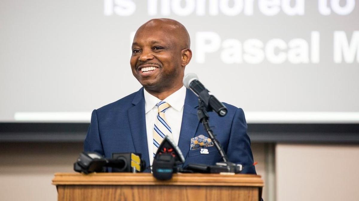Dr. Pascal Mubenga delivers remarks after receiving the appointment of Durham Public School's newest superintendent on Monday, Oct. 16, 2017, in Durham, NC.