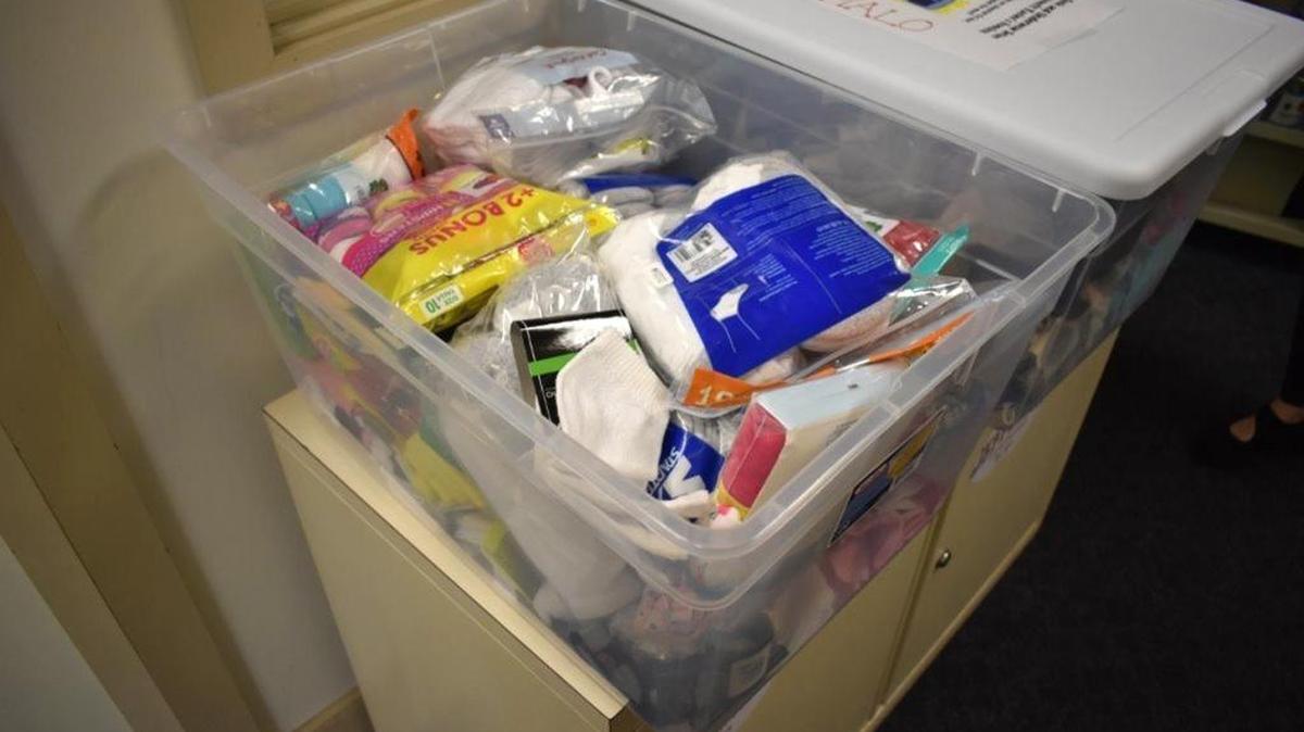 This photo taken May 25, 2017, shows the socks and underwear gathered by fifth-grade students at Jefferson Lighthouse Elementary School for a project. The donated items went to Racine Unified's Families In Transition program, as well as the Homeless Assistance Leadership Organization.