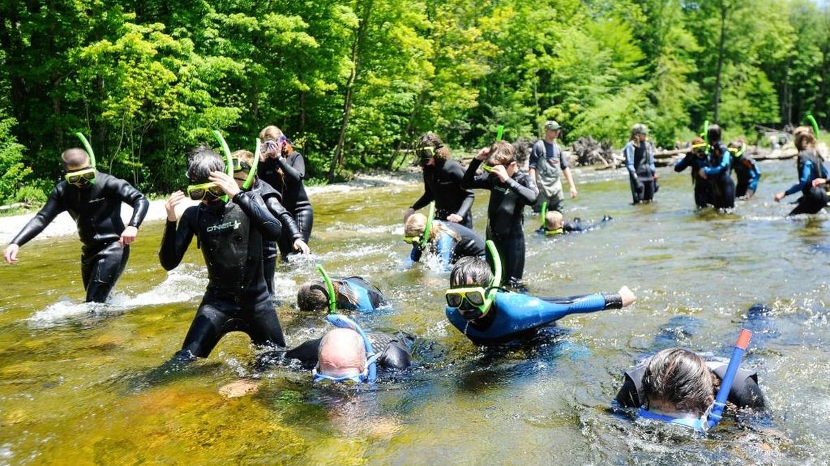 Fifth graders from the Newton School look through the waters of the White River in Rochester, Vt., Wednesday, June 7 2017.