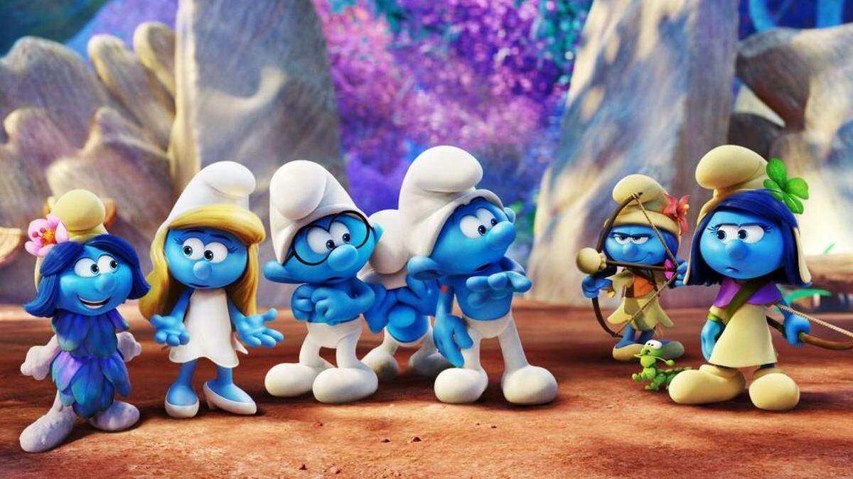 Smurfblossom (Ellie Kemper), Smurfette (Demi Lovato), Brainy (Dany Pudi), Clumsy (Jack McBrayer), Hefty (Joe Manganiello), Smurflily (Ariel Winter) and Smurfstorm (Michelle Rodriguez) in "Smurfs: The Lost Village."