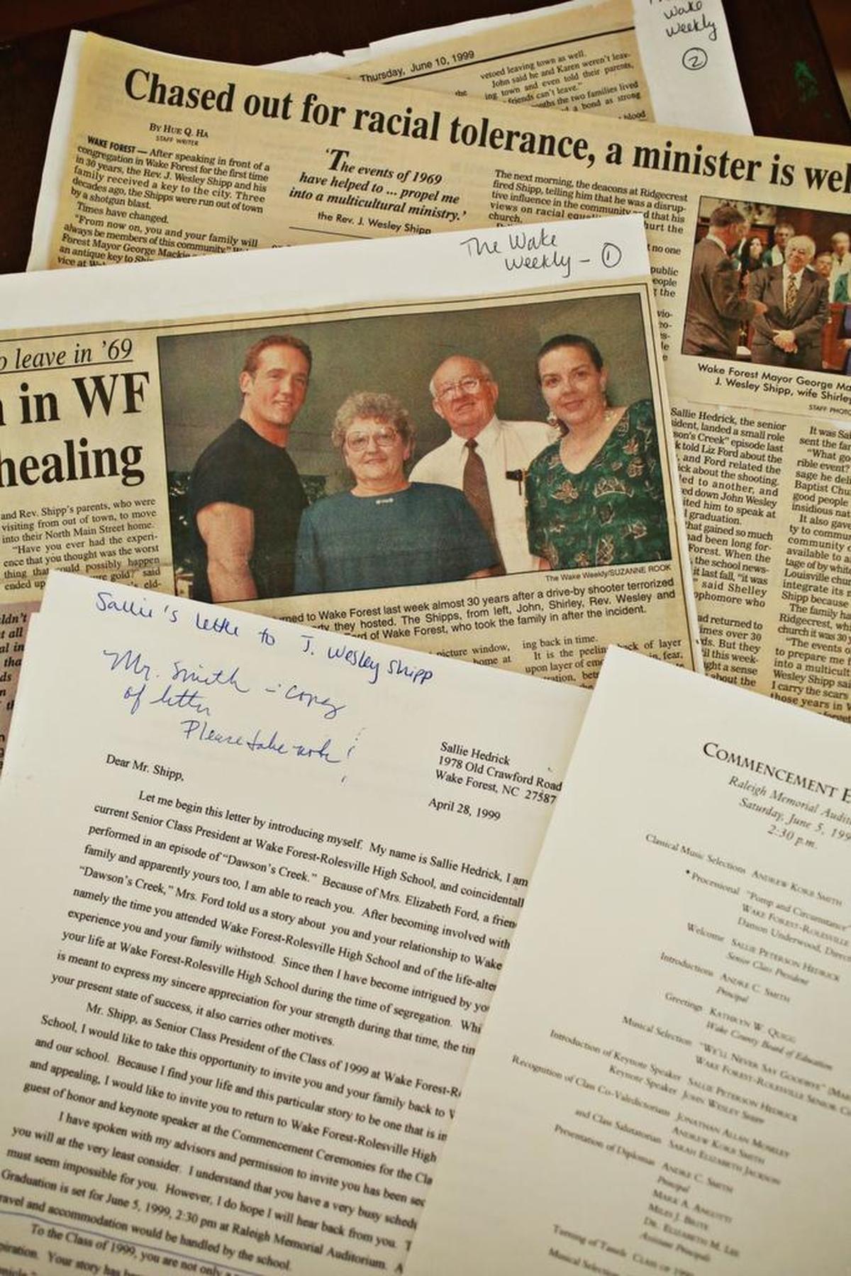 Sallie Bowman saved her 1999 letter inviting actor John Wesley Shipp to give the graduation speech at Wake Forest-Rolesville High, along with newspaper stories about the commencement and the key to the city presented to the family by then Wake Forest Mayor George Mackie.