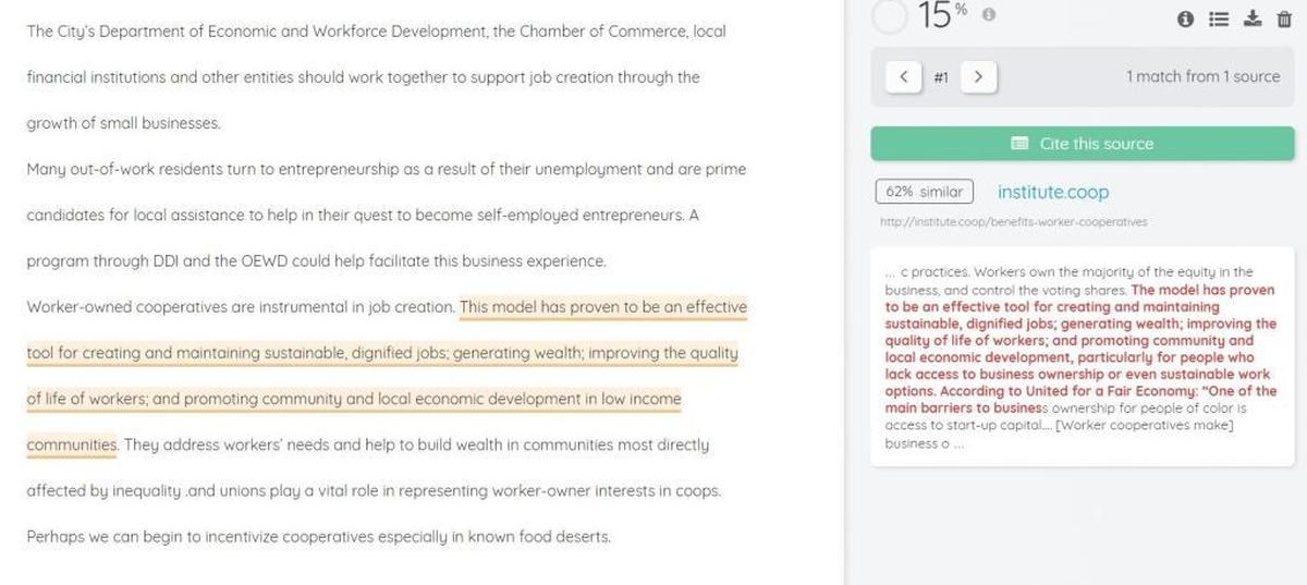 Durham Mayor Pro Tem Cora Cole-McFadden’s answer to question No. 5 on the People’s Alliance questionnaire appears to use language from the Democracy at Work Institute’s website without citation.