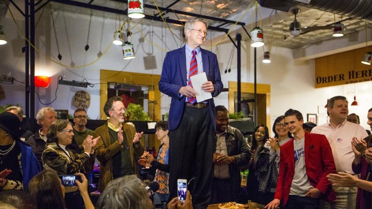Steve Schewel addresses the crowd gathered at Pompieri Pizza to celebrate his mayoral victory Tuesday night. Schewel’s soon-to-be vacated Durham City Council seat will be filled by a candidate appointed by the new City Council some time after Dec. 4.