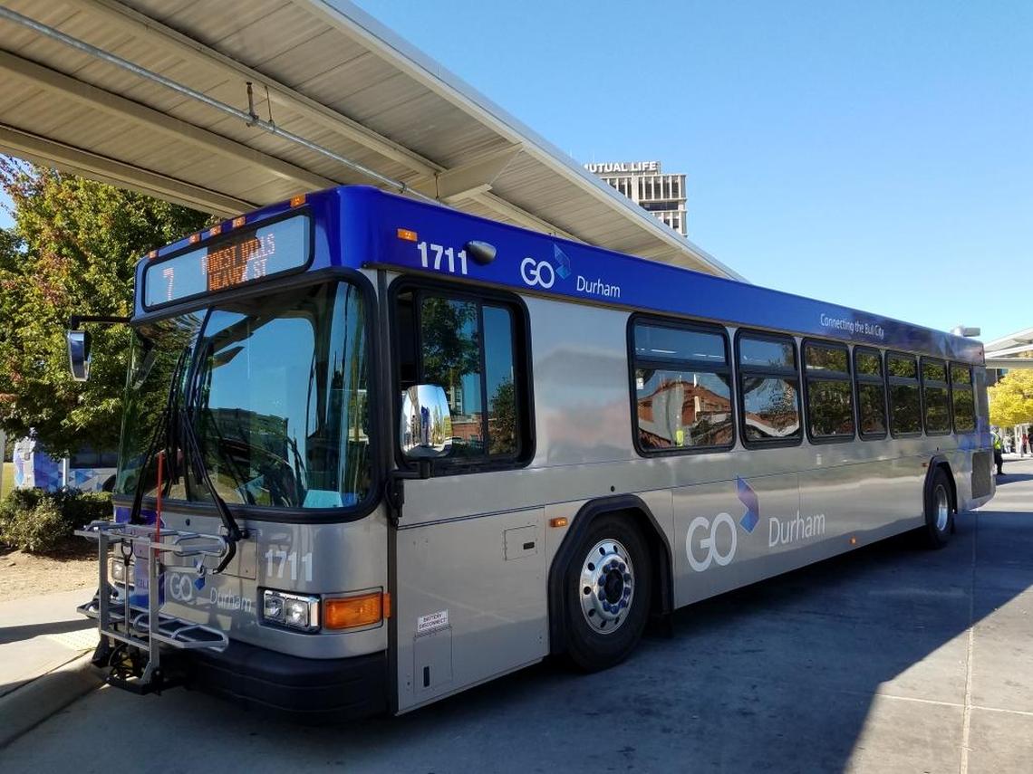 A GoDurham bus at Durham Station downtown.