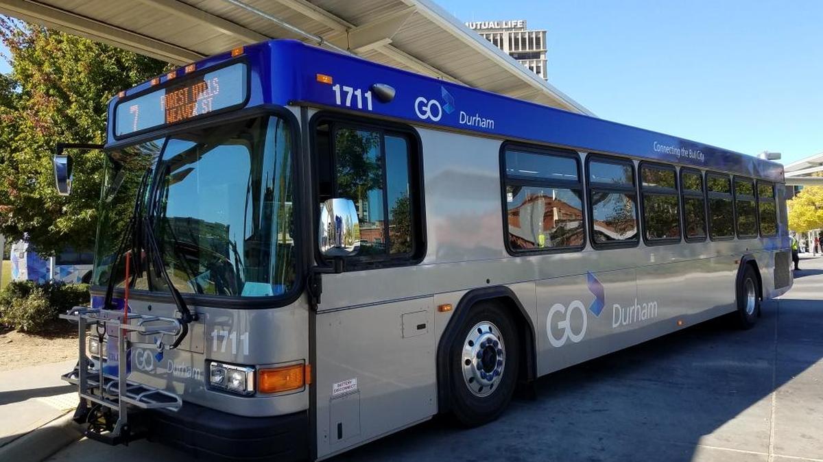 A GoDurham bus at Durham Station downtown.