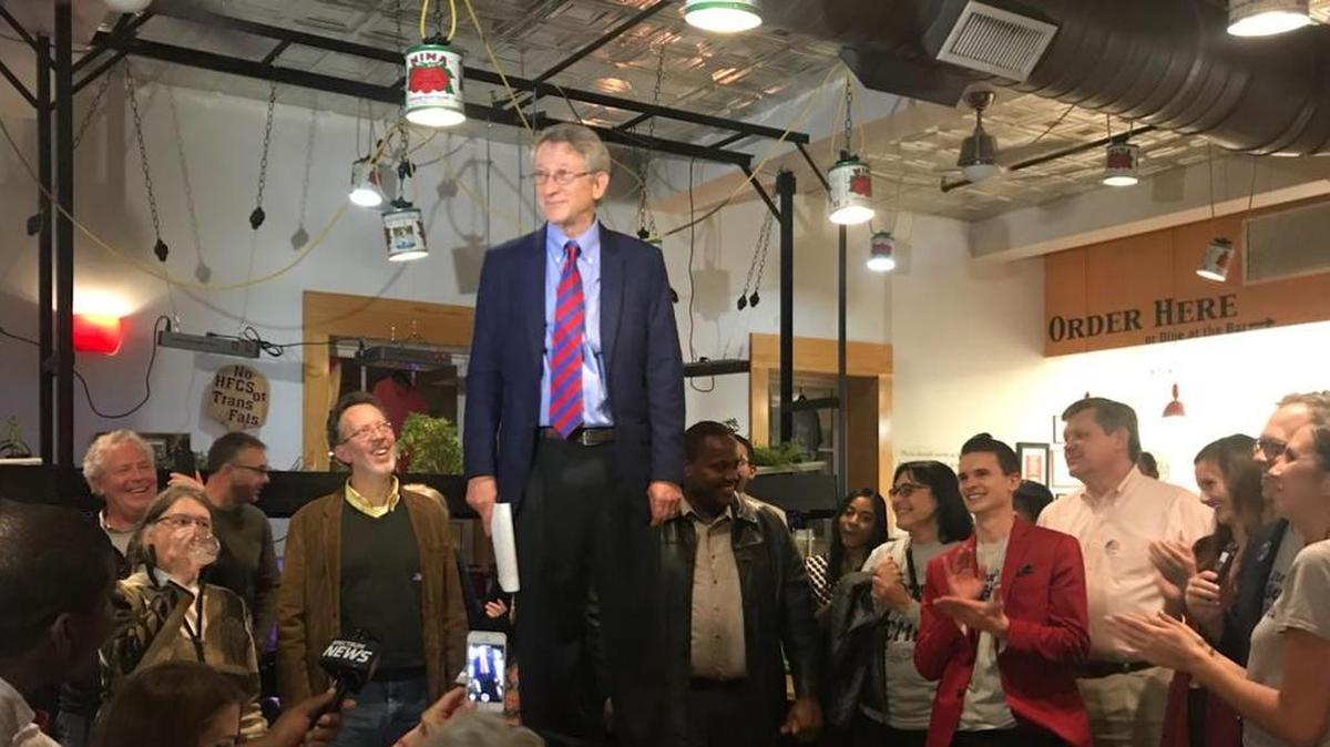 Durham Mayor-elect Steve Schewel addresses supporters at Pompieri Pizza across from Durham City Hall on Tuesday night.