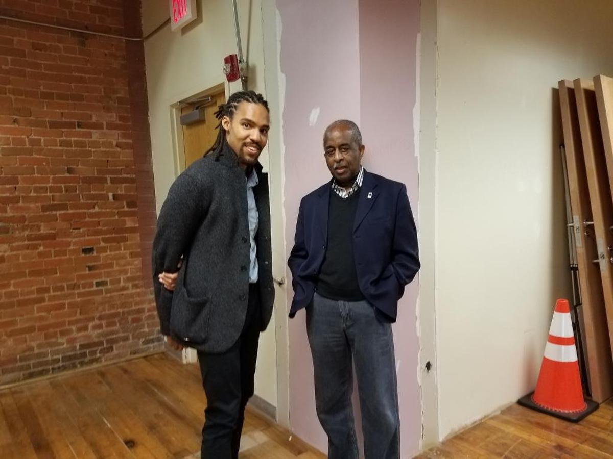 Pierce Freelon chats with Durham Mayor Bill Bell on election night, Nov. 7, 2017. Freelon wants the new city council to appoint him to mayor-elect Steve Schewel's old seat.