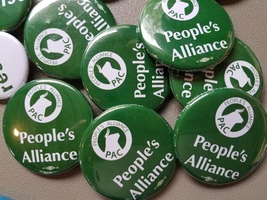 People’s Alliance buttons photographed during its 2017 Durham municipal election endorsement meeting.