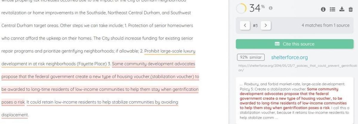 Durham Mayor Pro Tem Cora Cole-McFadden’s answer to question No. 7 on the People’s Alliance questionnaire appears to closely resemble language from an article on the website Shelterforce.org.