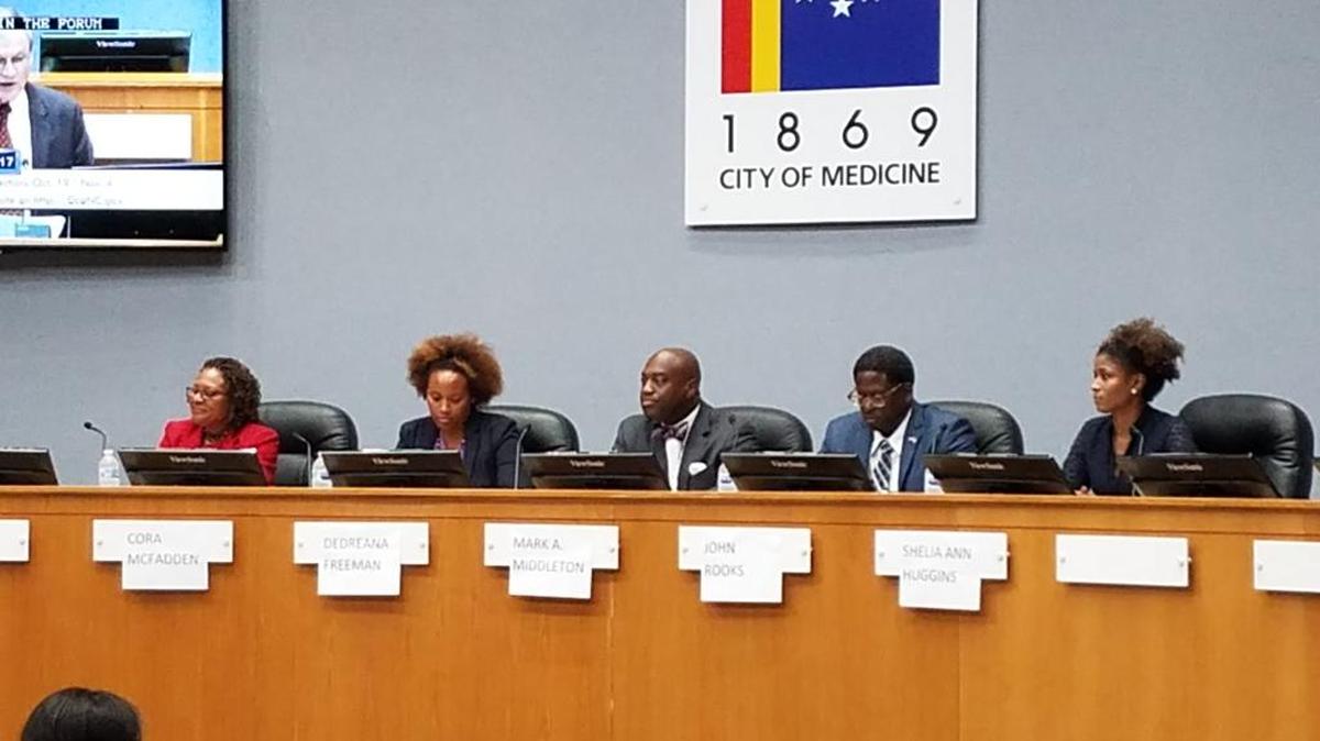 Durham City Council candidates, from left, Cora Cole-McFadden, DeDreana Freeman, Mark-Anthony Middleton, John Rooks Jr. and Shelia Ann Huggins.