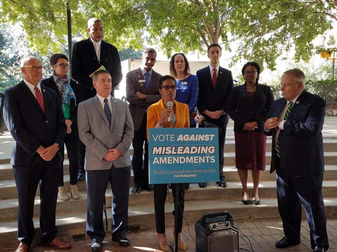 Orange County Commissioner Renee Price speaks during a press conference at the Raleigh Municipal Building on Friday, Oct. 12, 2018 that included local elected officials from across the Triangle who oppose the six constitutional amendments on the ballot this fall.