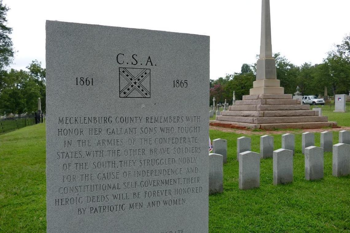 This monument, erected in 1977 by the Confederate Memorial Association of Charlotte, stood at Old City Hall on Trade Street. That monument lauds the “brave soldiers of the South (who) struggled nobly for the cause of independence and constitutional self-government.” It was later moved to city-owned Elmwood Cemetery, where a granite obelisk honoring Confederate soldiers overlooks veterans’ graves. Renewed attention on getting rid of such Confederate monuments has been spurred on by widespread protests for the Black Lives Matter movement and against police brutality in the aftermath of the killing of George Floyd, a black man, by Minnesota police.