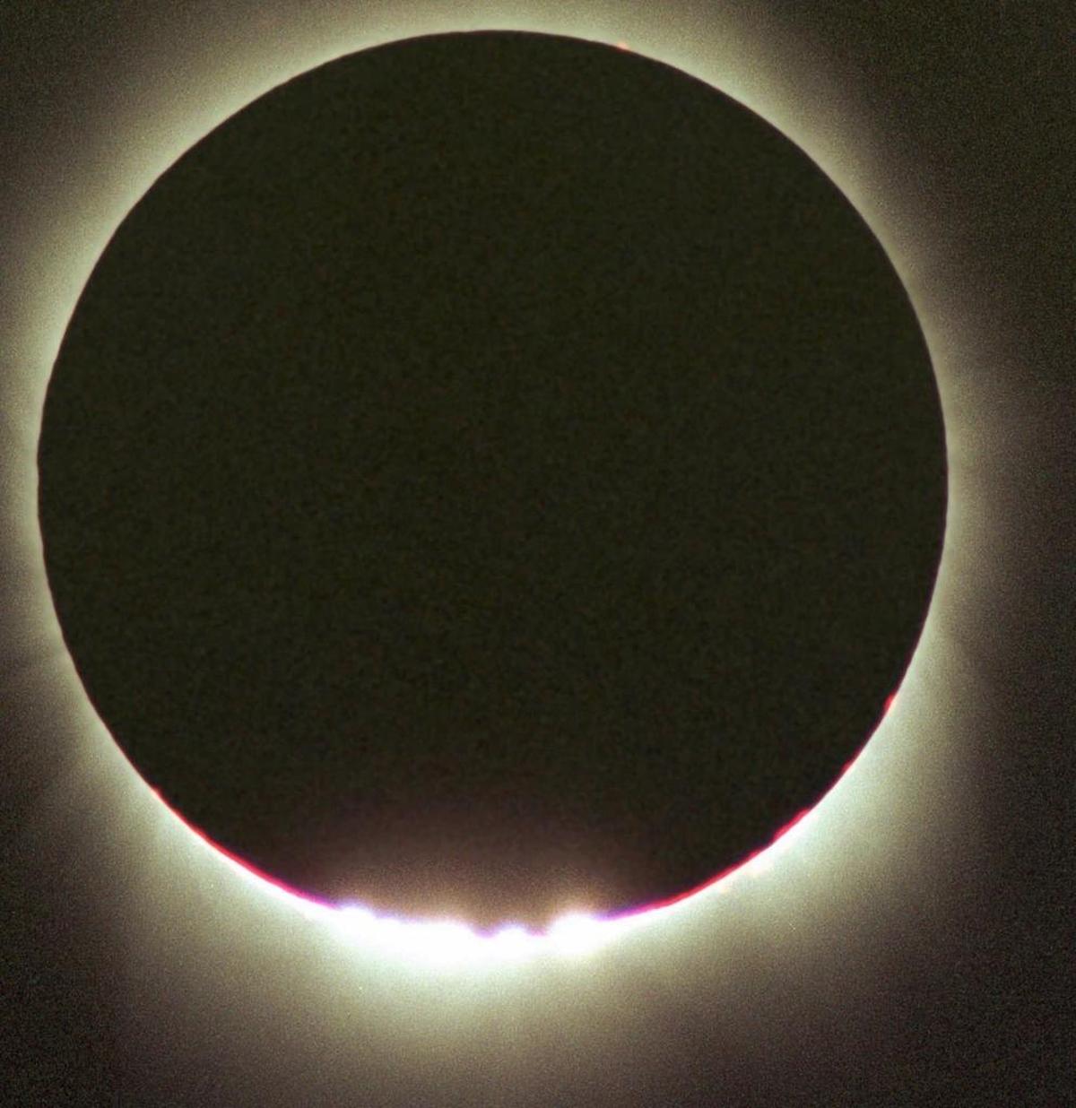 The last glints of sunlight form what are knows as “Baily’s Beads” signaling the end of “totality” during a solar eclipse Feb. 26, 1998 as seen from the deck of the cruise ship off the island of Curacao. Monday’s eclipse is being called “The Great American Eclipse” because it will cross diagonally over the contiguous United States from Oregon to South Carolina. Other countries will see it only as a partial eclipse.