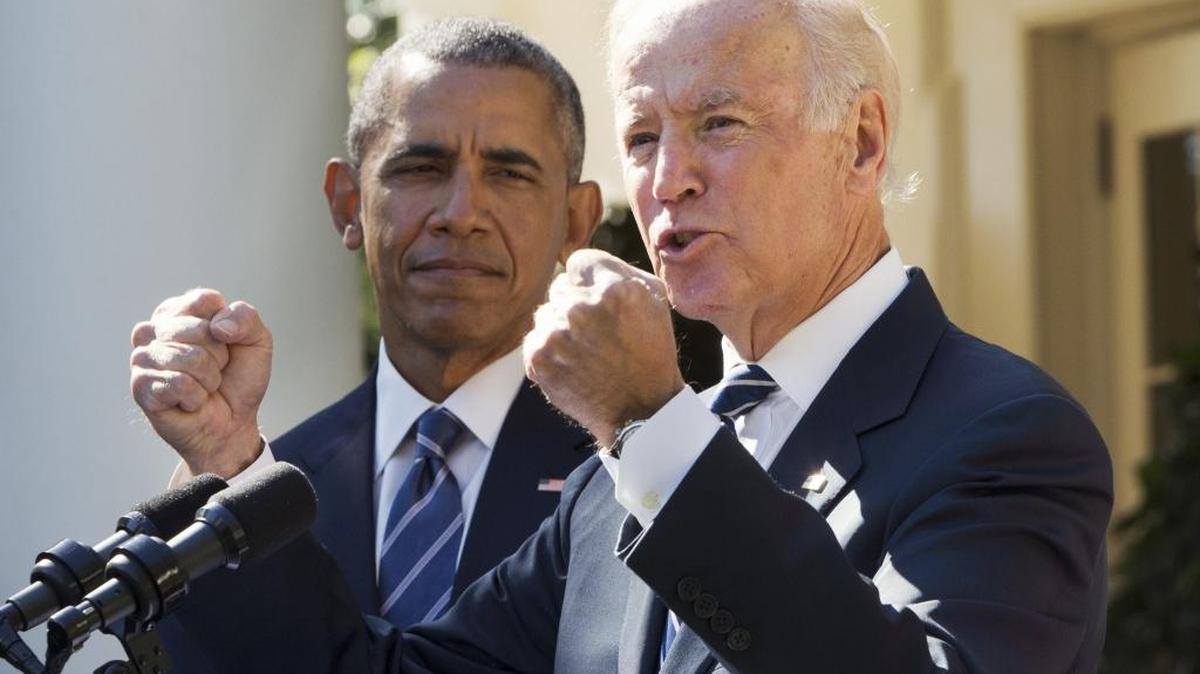 Vice President Joe Biden, with President Barack Obama, gestures as he speaks in the Rose Garden of the White House in Washington in 2015 to announce he will not run for the presidential nomination. Most of expert dismiss the viability of a Biden run, but Biden doesn’t. He and his political advisers take the prospect seriously.