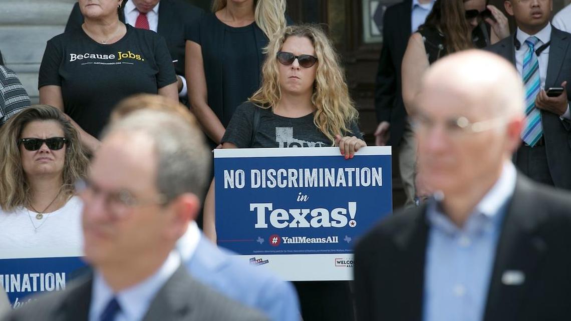 Texas business and tourism representatives gathered on the south steps of the state capitol on Monday July 17, 2017 to urge lawmakers not to approve bills to regulate transgender bathroom access. They contend such laws would be discriminatory and have a negative impact on the state's economy.