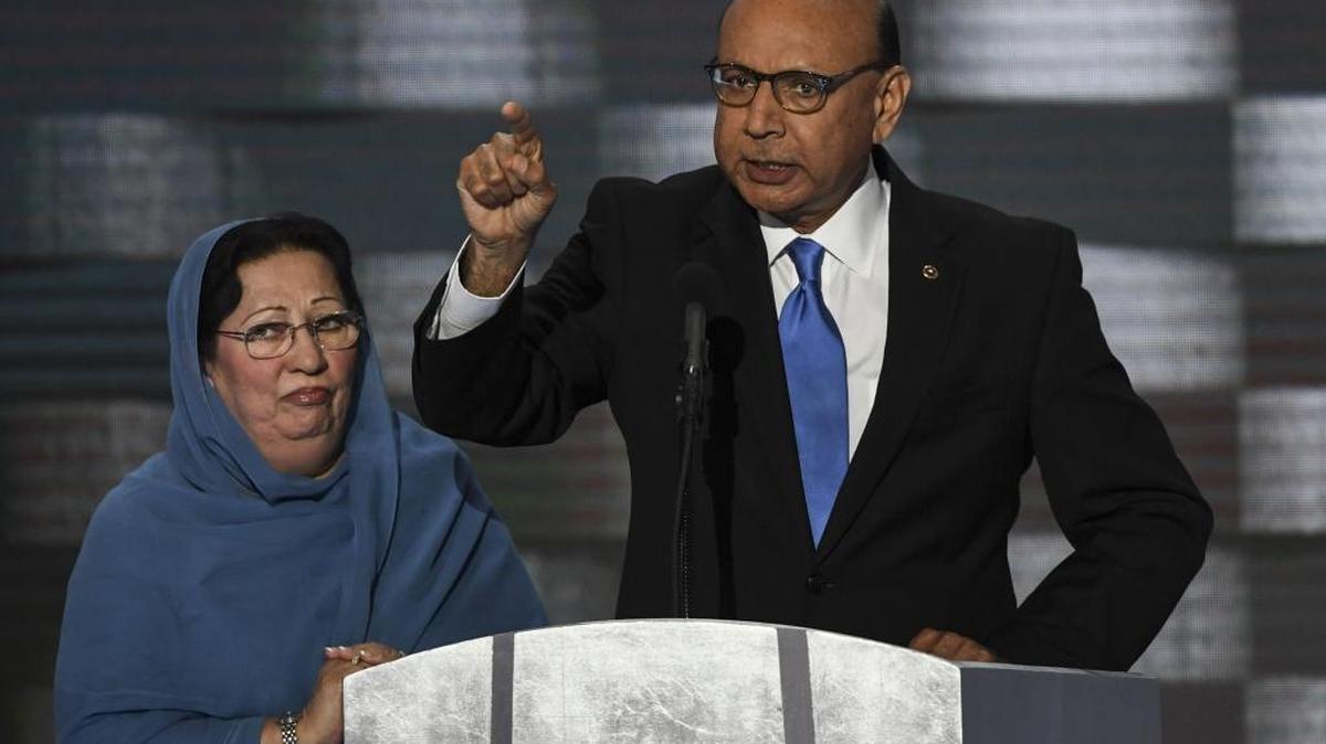 Khzir Khan, the father of fallen soldier Humayun Kahn, addresses the crowd during the final day of the Democratic National Convention in Philadelphia on Thursday.
