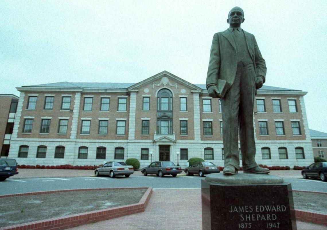 The Hoey Administration Building on the N.C. Central University campus sits behind a statue of James Shepard, founder and president of North Carolina College at Durham from 1910 to 1947.