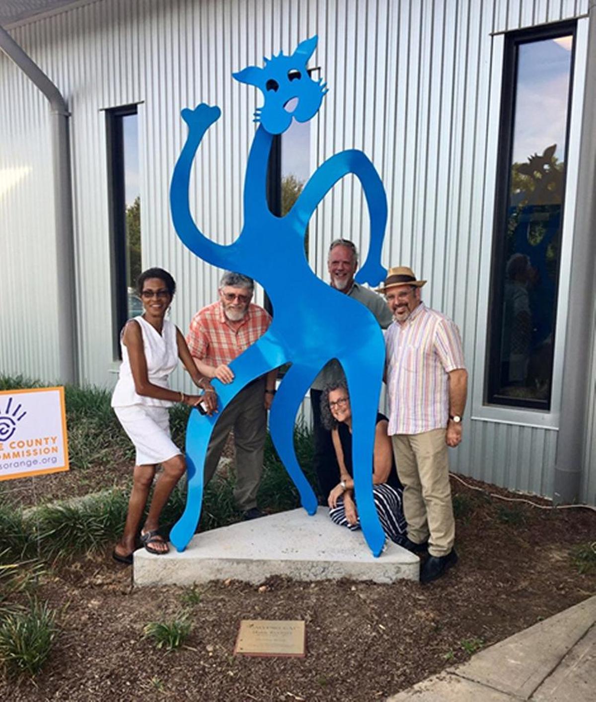 “Calypso Cat,” a hand-made steel sculpture by artist Mark Elliott, now greets visitors at the entrance to Orange County Animal Services, on Eubanks Road in Chapel Hill.