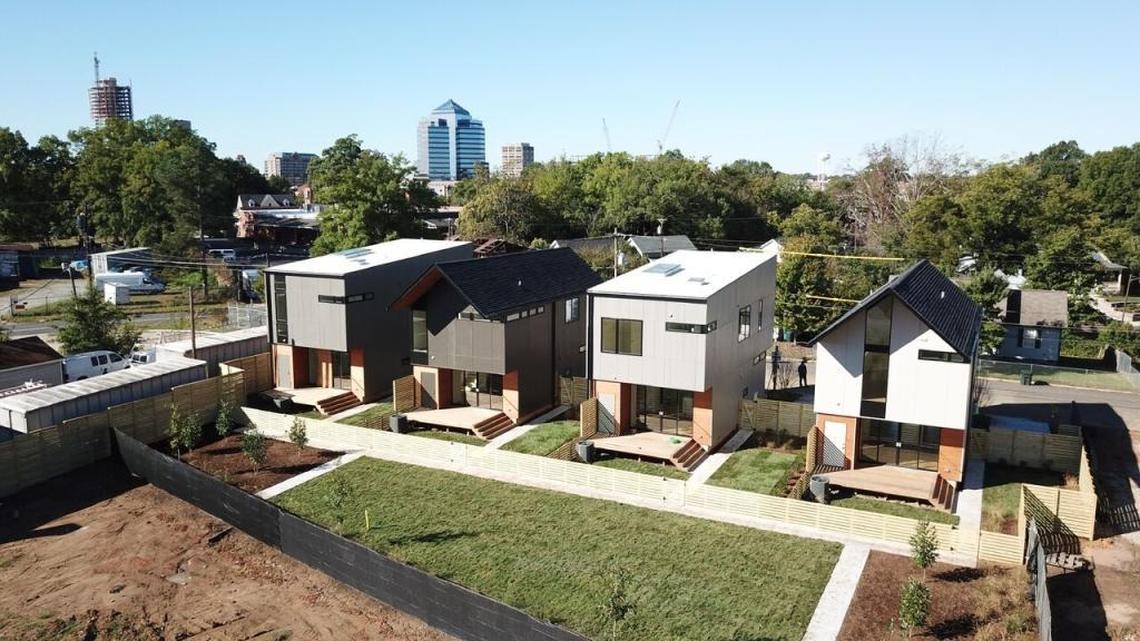 The view of the Pleiades Modern project from Mangum Street. New homes will be built in the foreground, with the grass becoming a common area shared by those houses and the four new homes on Glendale Avenue seen in the photograph. “We really want to create something that benefits not only the people who buy our homes, but the larger community as well,” says developer Adam Dickinson.
