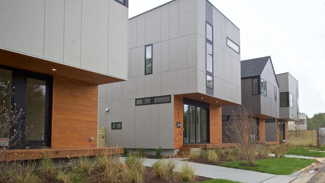 New homes in the Pleiades Modern pocket neighborhood in Old North Durham. “We really want to create something that benefits not only the people who buy our homes, but the larger community as well,” says developer Adam Dickinson.